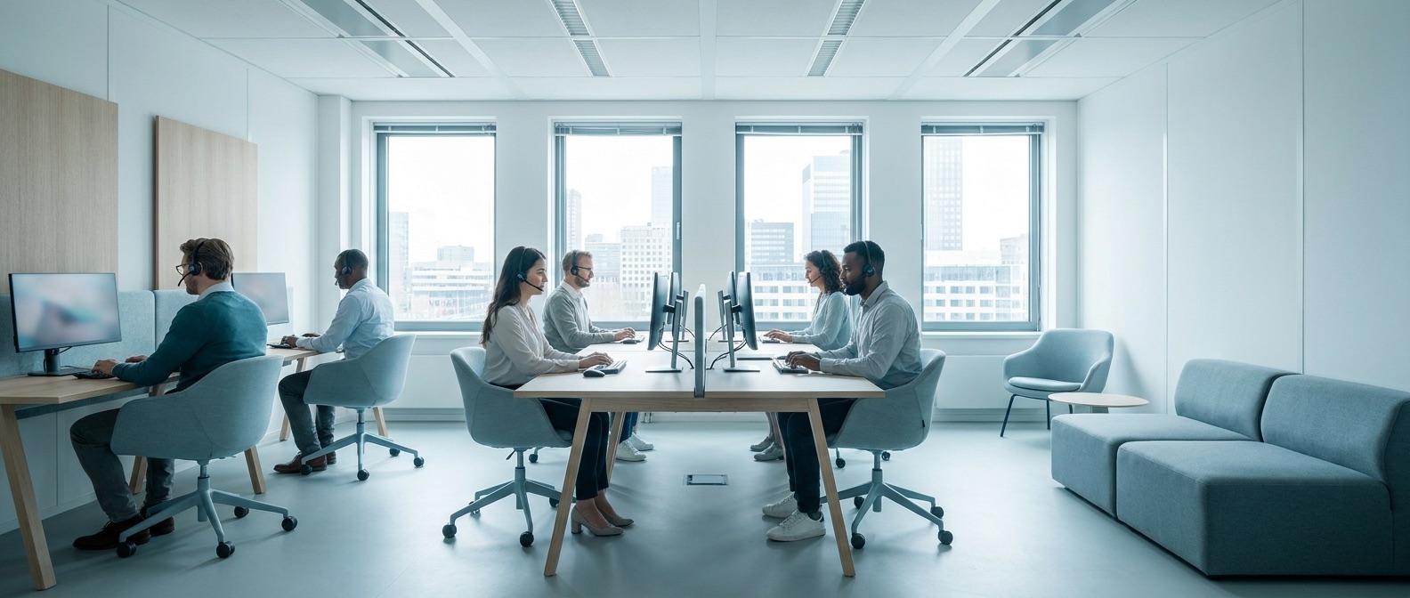 Team met headsets aan het werk in een licht kantoor