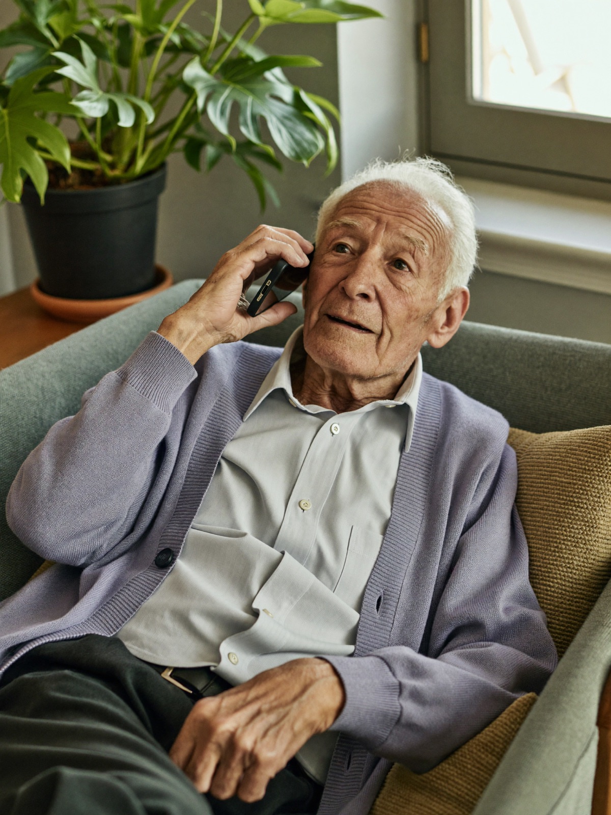 Oudere patiënt belt rustig vanuit huis